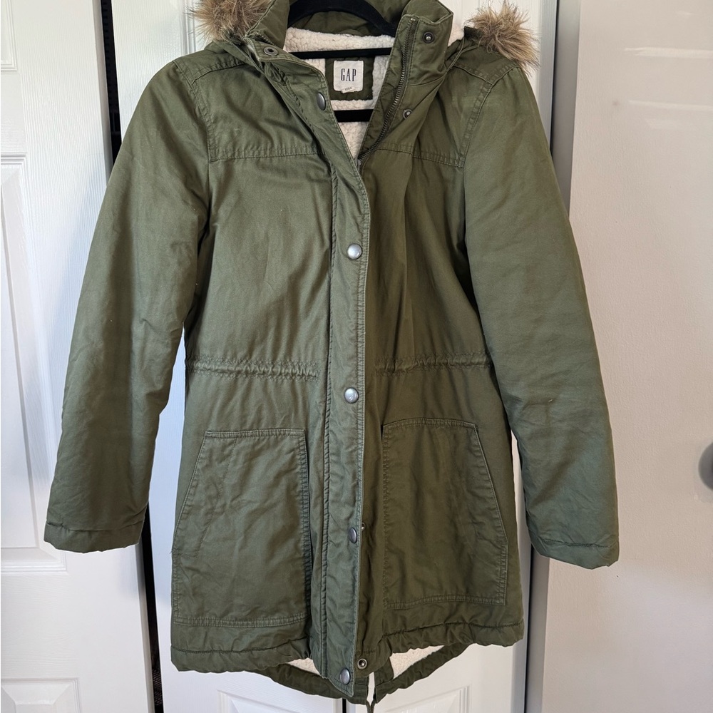 GAP Olive and Cream Jacket with faux fur hood